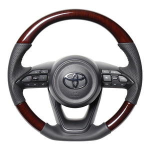REAL ORIGINAL SERIES D SHAPE 56 BROWN WOOD BLACK STITCH STEERING WHEEL FOR TOYOTA AQUA MXPK10  TYJ-56BRW