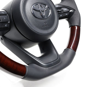 REAL ORIGINAL SERIES D SHAPE 56 BROWN WOOD BLACK STITCH STEERING WHEEL FOR TOYOTA YARIS CROSS MXPJ10 MXPB10 TYJ-56BRW