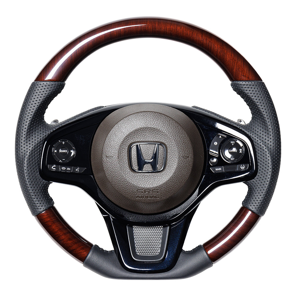 REAL ORIGINAL SERIES SOFT D SHAPE 56 BROWN WOOD BLACK STITCH STEERING WHEEL FOR HONDA N-BOX JF3 JF4 HNC-56BRW-BK