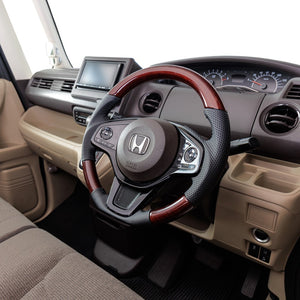 REAL ORIGINAL SERIES SOFT D SHAPE 56 BROWN WOOD BLACK STITCH STEERING WHEEL FOR HONDA N-BOX JF3 JF4 HNC-56BRW-BK