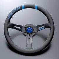 MOMO FORTUNE DRIFTING 330 85 BLACK LEATHER BLACK SPOKE BLUE STITCH STEERING WHEEL MOMO-00005