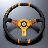MOMO FORTUNE DRIFTING 350 85 BLACK LEATHER ORANGE SPOKE ORANGE STITCH STEERING WHEEL MOMO-00007