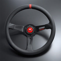 MOMO FORTUNE FULL SPEED 328D 90 BLACK LEATHER BLACK SPOKE RED TOP STEERING WHEEL MOMO-00012