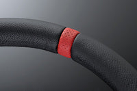 MOMO FORTUNE FULL SPEED 328D 90 BLACK LEATHER BLACK SPOKE RED TOP STEERING WHEEL MOMO-00012
