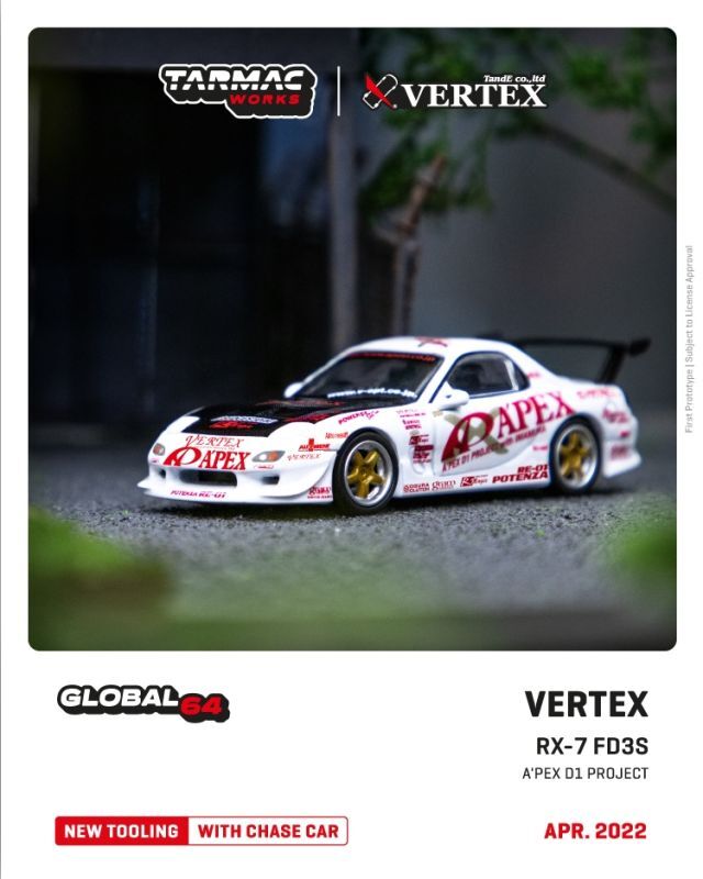 CAR MAKE T&E 1:64 VERTEX MAZDA RX-7 FD3S A'PEX D1 PROJECT (APEX) TARMAC WORKS DIECAST T64G-TL022-AP FOR  CARMAKETE-00061