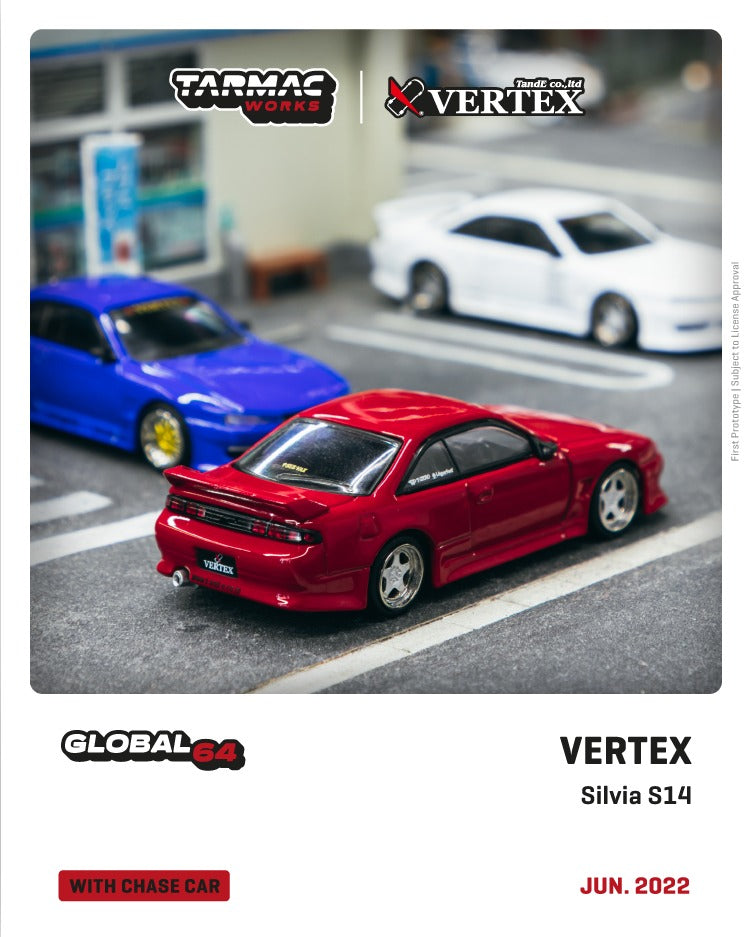 CAR MAKE T&E 1:64 VERTEX RIDGE S14 SILVIA RED METALLIC TARMAC WORKS DIECAST T64G-TL018-RE FOR  CARMAKETE-00054