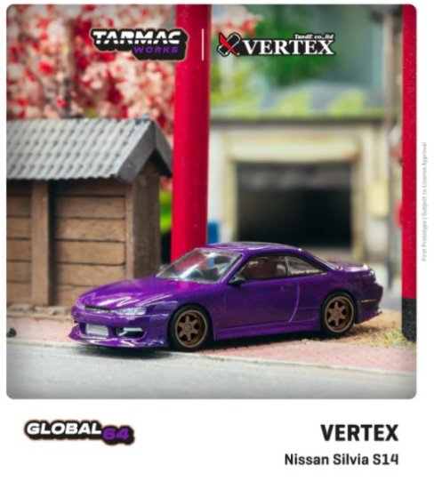 CAR MAKE T&E 1:64 VERTEX RIDGE S14 SILVIA PURPLE METALLIC TARMAC WORKS DIECAST T64G-TL018-PU FOR  CARMAKETE-00050