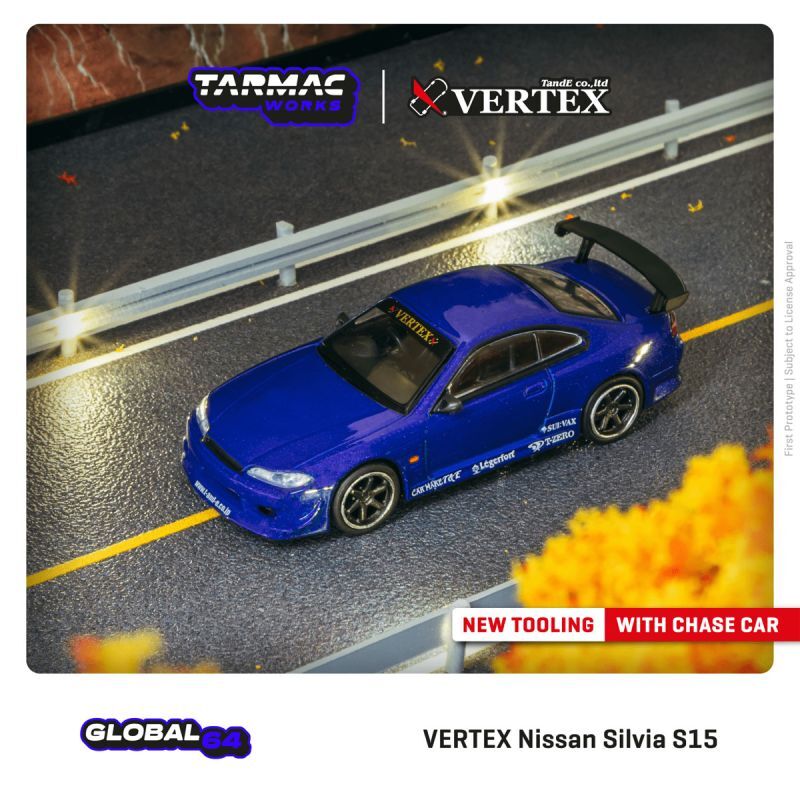CAR MAKE T&E 1:64 VERTEX RIDGE NISSAN S15 SILVIA BLUE METALLIC TARMAC WORKS DIECAST T64G-TL023-BL FOR  CARMAKETE-00059