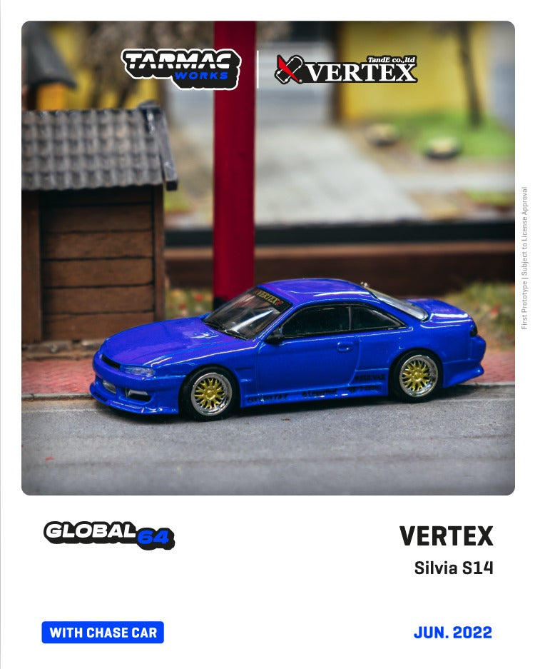 CAR MAKE T&E 1:64 VERTEX RIDGE S14 SILVIA BLUE METALLIC TARMAC WORKS DIECAST T64G-TL018-BL FOR  CARMAKETE-00065