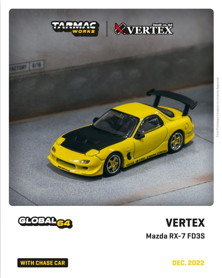 CAR MAKE T&E 1:64 VERTEX MAZDA RX-7 FD3S YELLOW METALLIC TARMAC WORKS DIECAST T64G-TL022-YL FOR  CARMAKETE-00063