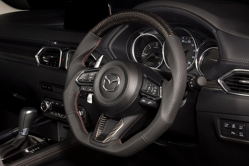 KENSTYLE STEERING WHEEL CARBON LEATHER COMBINATION RED AND SILVER STITCHING FOR MAZDA CX-5 KF MD04