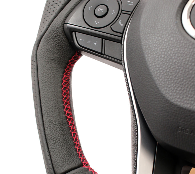KENSTYLE STEERING WHEEL D-TYPE BLACK LEATHER BLACK GRAINED LEATHER COMBINATION RED STITCH FOR  TD01